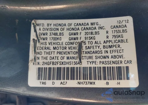 2013 Honda Civic Lx from USA, damaged, VIN 2HGFB2F5XDH515643